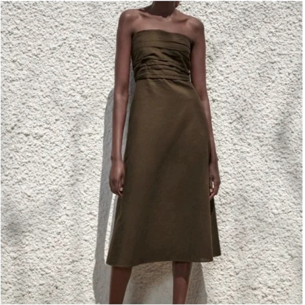 Zara Strapless Linen Olive Dress XS